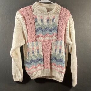 vtg hand knit cable Sweater Womens Large Cream Pastel Vintage Pearl cottage fair